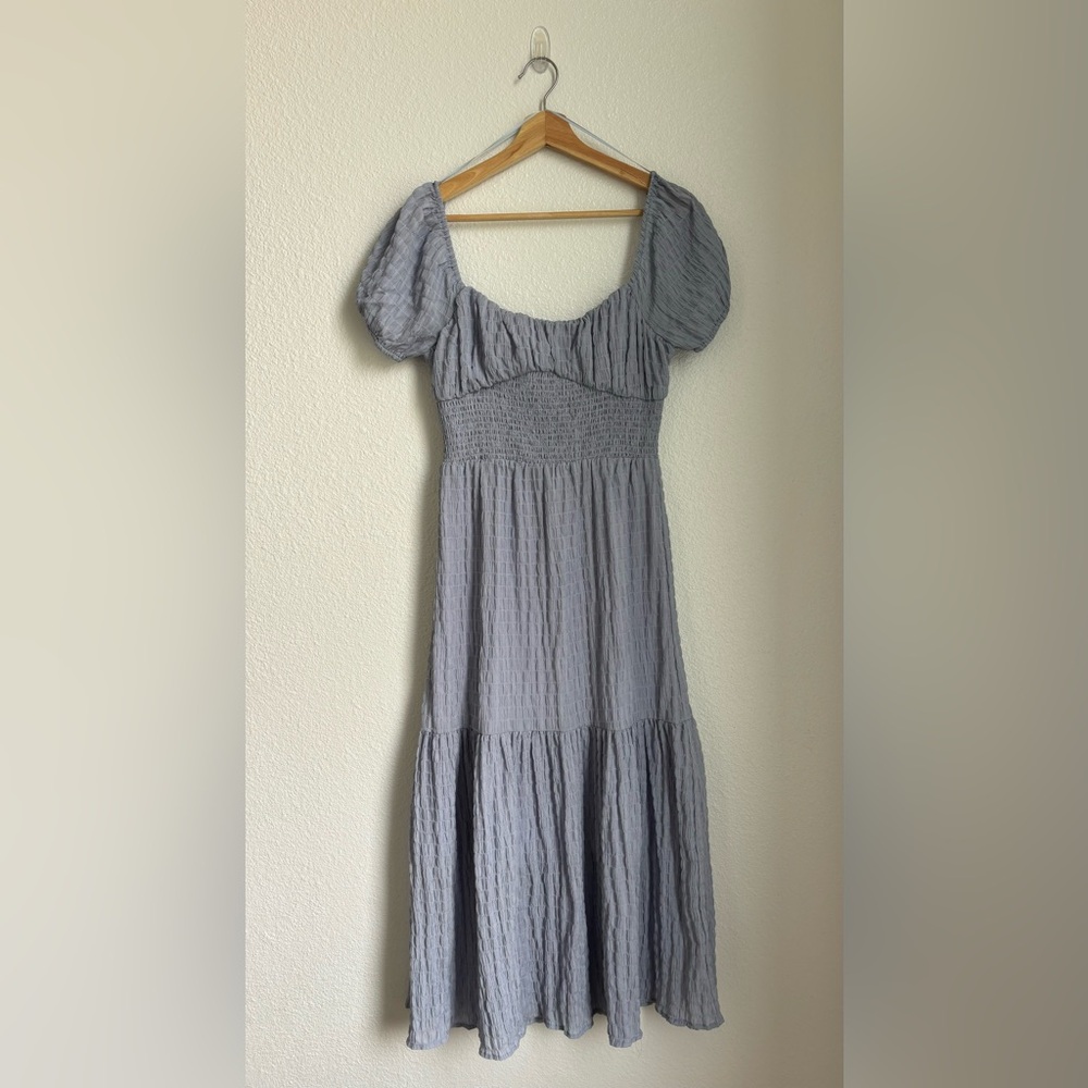 THREAD & CO milkmaid powder blue puff short sleeve midi dress ribbed waist
